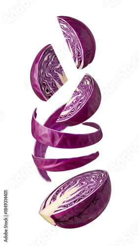 Fresh red cabbage sliced into spiraling pieces isolated on white background, healthy vegetable close-up, perfect for nutrition and cooking content