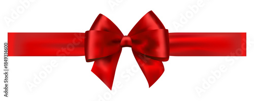 Red satin bow with medium horizontal ribbon centered, shiny decorative vector element for gifts, cards, festive packaging and holiday compositions