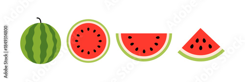 Set of watermelon slices and whole fruits in different angles and cross-sections on white background.
