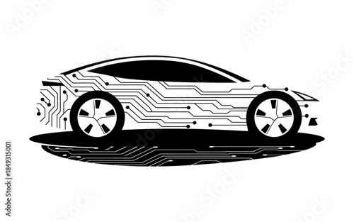 Electric car silhouette vector design, electric car line with charging stations, black silhouette of an electric car charging, hybrid technology vehicles car logo idea vector based illustration