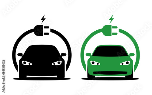 Electric car silhouette vector design, electric car line with charging stations, black silhouette of an electric car charging, hybrid technology vehicles car logo idea vector based illustration
