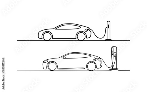 Electric car silhouette vector design, electric car line with charging stations, black silhouette of an electric car charging, hybrid technology vehicles car logo idea vector based illustration