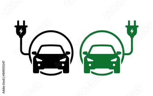 Electric car silhouette vector design, electric car line with charging stations, black silhouette of an electric car charging, hybrid technology vehicles car logo idea vector based illustration