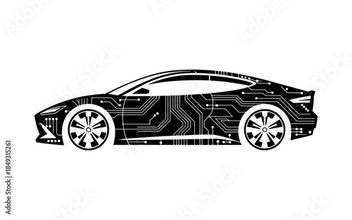 Electric car silhouette vector design, electric car line with charging stations, black silhouette of an electric car charging, hybrid technology vehicles car logo idea vector based illustration