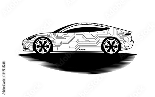 Electric car silhouette vector design, electric car line with charging stations, black silhouette of an electric car charging, hybrid technology vehicles car logo idea vector based illustration