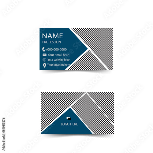 Modern Blue and White Business Card Template with Large Geometric Photo Placeholders and Clean Professional Layout