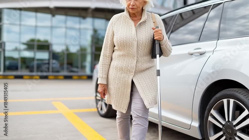 Elderly woman with a cane walking slowly in a parking lot. Senior citizen with mobility issues next to a car. Aging and independence concept