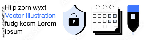 Data protection, time management, productivity tools, cybersecurity, planning, organization. Shield with lock, calendar pen. Data protection and time management
