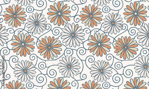 Seamless floral pattern vector, Elegant white and orange daisy flowers with blue outline swirls on white background, Vintage intricate trellis textile design