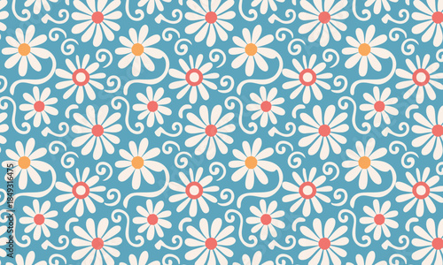 Seamless floral pattern vector, Retro white daisy flowers with curved stems on medium blue background, Vintage cottage garden textile design