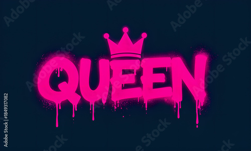 Bright pink spray paint 'QUEEN' graffiti with dripping effect on dark blue background
