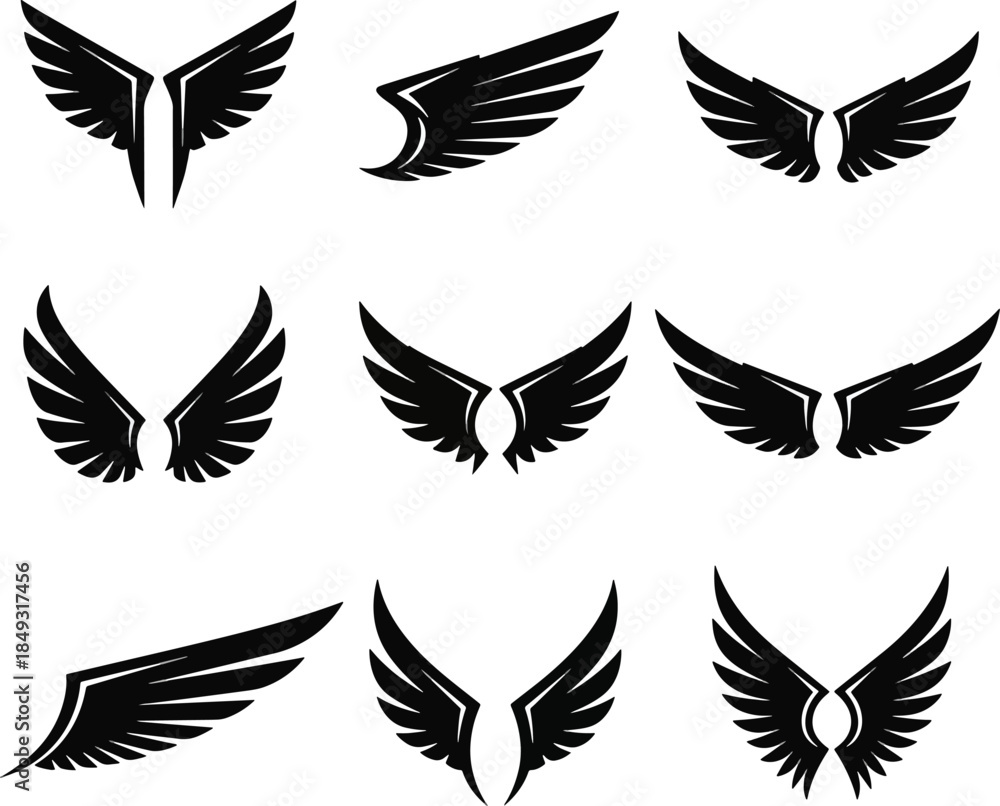 Fototapeta premium Set of Nine Vector Wings Icons Eagle Angel Design Elements
