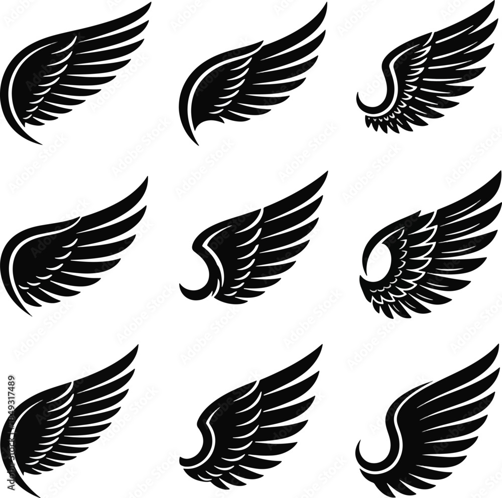 Fototapeta premium Vintage Black Wings Icon Set Crest Logo Elements