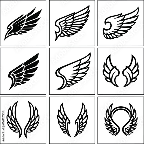 Nine Stylized Wing Designs Vector Set Black Icons Emblems Tattoos Decals
