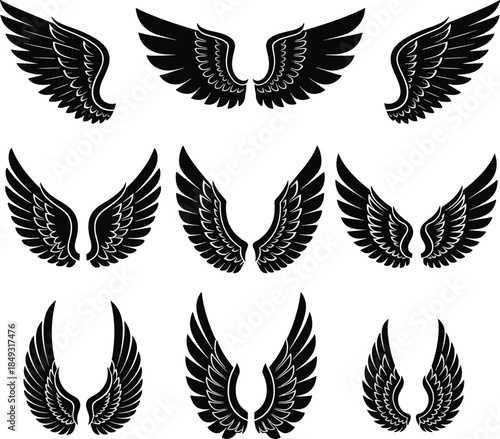 Black Wings Vector Set Angel Eagle Bird Feather Tattoo Emblems