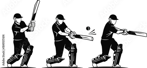 Cricket Batsman Hitting Ball Action Sequence Silhouette Vector