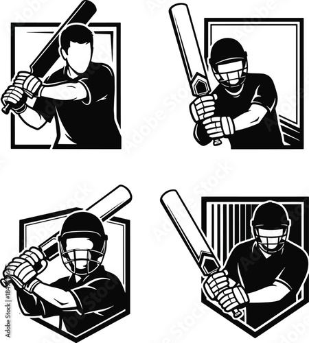 Cricket Batsman Logo Set Monochromatic Sport Icon Collection