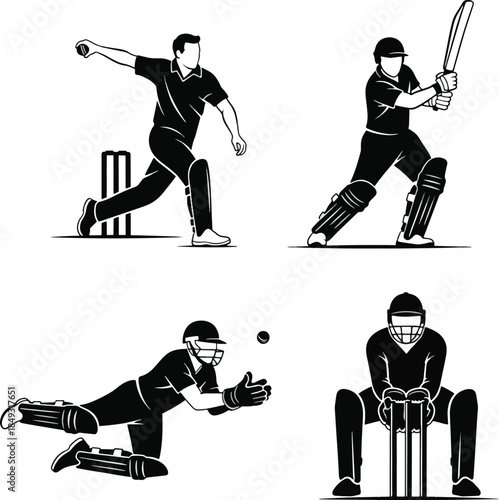 Black and White Cricket Player Silhouettes Vector Illustration Set