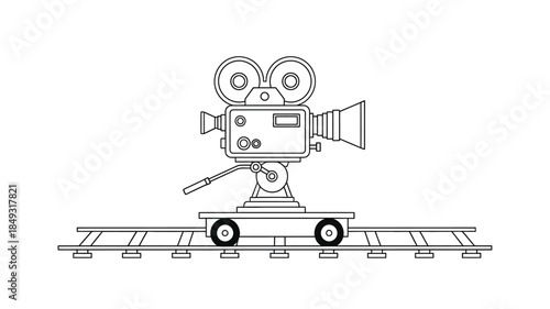 Vintage film camera on tracks a striking black and white silhouette