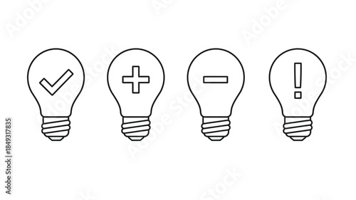 Four light bulbs with different symbols inside a unique silhouette