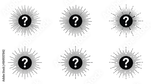 Three rows of question marks with radiating lines a striking silhouette