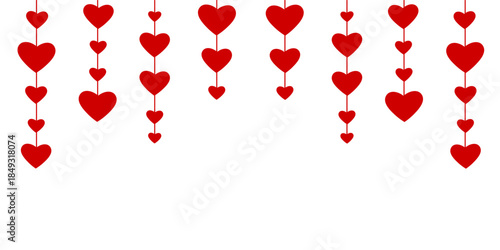 Banner with a garland of red hearts on a white background.
