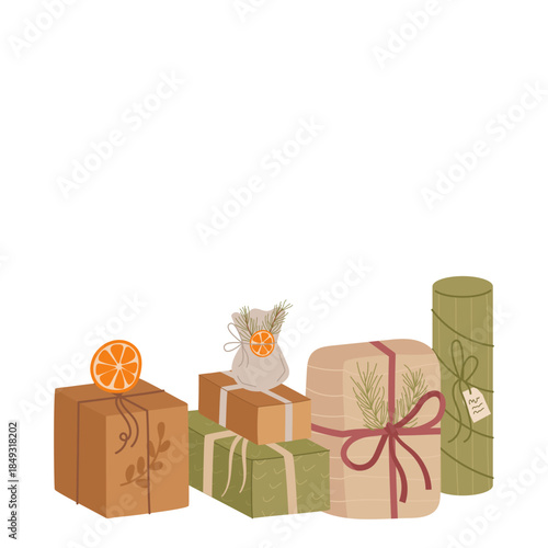 Flat bundle of trendy eco gift box with kraft ribbon presents a green package for christmas and holiday. Gift and present box in modern graphic style, perfect for seasonal celebration.