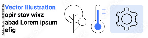 Minimalistic tree icon, thermometer with temperature rise, and gear symbol. Ideal for environment, climate change, science, conservation, ecology, technology simple landing page