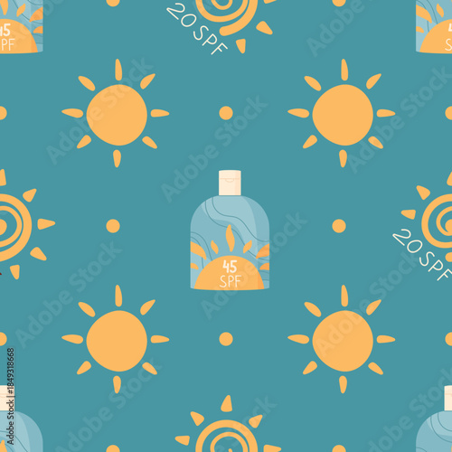 Flat seamless pattern with sunscreen bottle and sun, spf logo, sunblock tube. Lotion, cream, background for sun protection product. Summer cosmetic care seamless repeat, wallpaper or fabric decor.