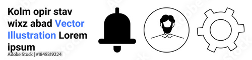 Black notification bell, user avatar in circle, and gear icon for workflow, notifications, user profile, app settings. Ideal for interface, technology, productivity management development simple
