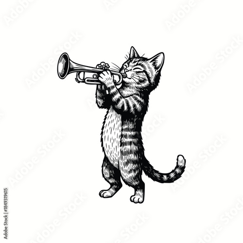 Charming Black and White Sketch of a Striped Cat Standing Upright Playing a Small Brass Trumpet.