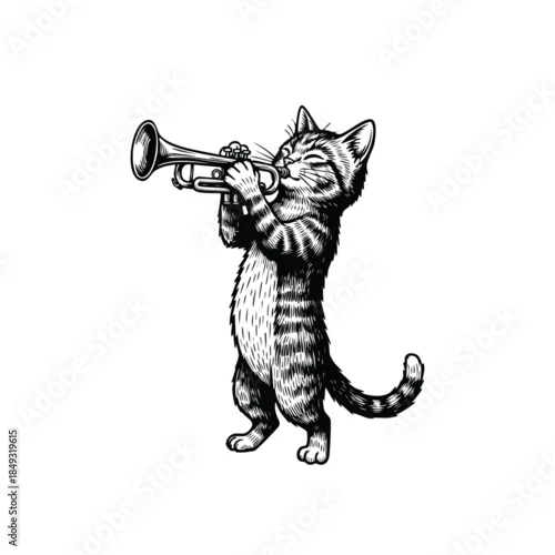 Fototapeta na wymiar Charming Black and White Sketch of a Striped Cat Standing Upright Playing a Small Brass Trumpet.