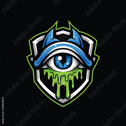Futuristic Esport Gaming Logo featuring a Mystical Blue Cyclops Eye Dripping Toxic Green Slime on a Shield.