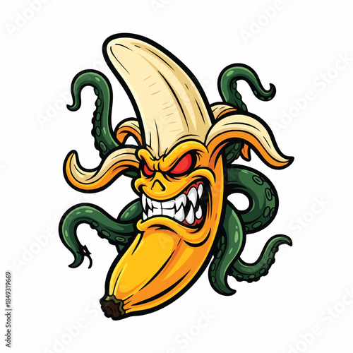 Angry Mutant Banana Monster Mascot Illustration with Fanged Teeth and Scary Green Tentacle Limbs.