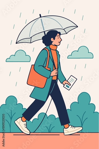 Woman Walking With Umbrella Travel Lifestyle Illustration