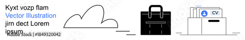 Cloud computing, business organization, job applications, career management, document storage, resume tools. A cloud, briefcase and a drawer with files. Cloud computing and business organization