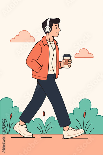 Man Holding Coffee Walking Travel Lifestyle Illustration