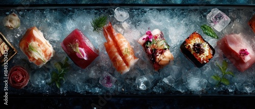 Obraz  z motywem Assorted sushi and seafood on ice