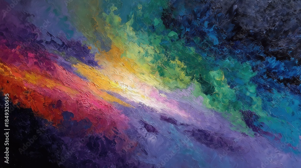 Fototapeta premium Abstract rainbow-colored oil painting resembling cosmic sky and light burst.