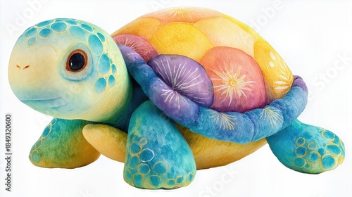 Cute colorful turtle toy with painted shell in rainbow hues on white background.