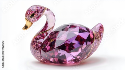 Shiny pink gemstone swan figurine with golden beak on white background.