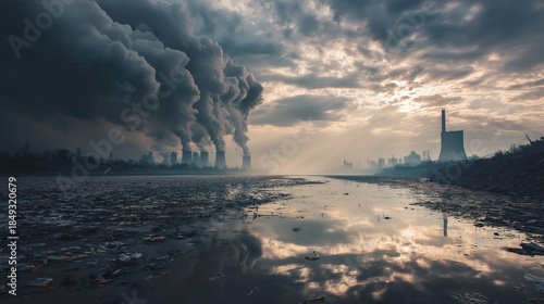 Industrial chimneys releasing smoke above polluted river