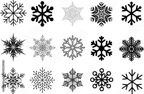 Black Snowflakes Icon Set – Minimal and Decorative Winter Snowflake Vectors