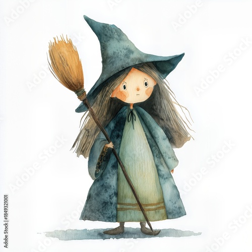 Cute watercolor witch girl with broom in folk style.