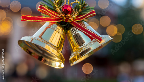Traditional Golden Christmas Bells with Festive Ribbon