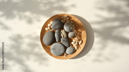 flat-lay sustainable living concept with a bamboo plate holding natural elements and thoughtfully arranged river stones.