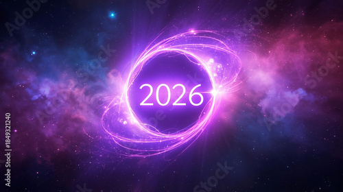 digital artwork of a glowing cosmic portal with the numbers 2026 shining