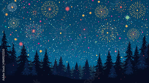 colorful illustration of the New Year, on a blue background of the night sky