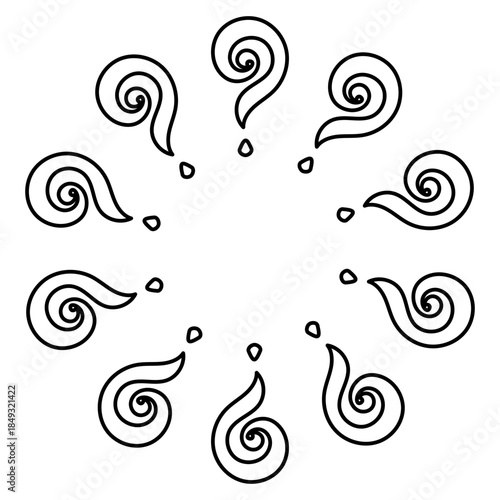 Round doodle outline with expressive question marks arranged around the edge. Vector element for concept art, inquiry themes and simple decorative layouts.