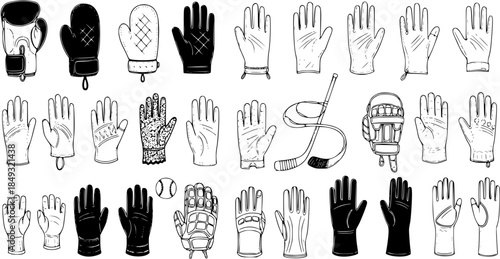 Hand-drawn sketch collection of various glove types for sports, winter, and work, including boxing, hockey, baseball, garden, and fashion, in a doodle art style.